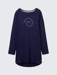 Tamsiai mėlyna tunika ilgomis rankovėmis su apvalia apačia, puošta baltu apskritimo formos užrašu: „Laikyk savo ratą mažą ir ramų.“ Minkšta medžiaga.