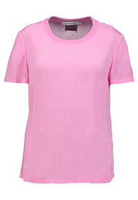 Różowa koszulka z krótkim rękawem wykonana z gładkiego materiału, z okrągłym dekoltem i bez widocznych wzorów czy akcentów. Metka marki wewnątrz dekoltu.