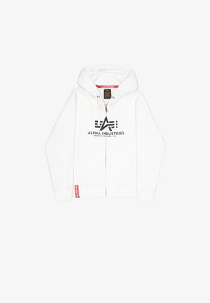 Valkoinen vetoketjullinen huppari, jossa on vuorattu huppu, etutaskut ja suuri musta logo. Mukana on punainen tarratyyppinen yksityiskohta helmassa. Puuvillasekoitemateriaali.