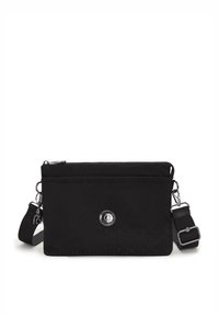 Borsa a tracolla nera in nylon con superficie testurizzata, chiusura con zip, accessori circolari in argento e cinturino regolabile.