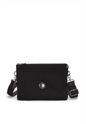 Borsa a tracolla nera in nylon con superficie testurizzata, chiusura con zip, accessori circolari in argento e cinturino regolabile.