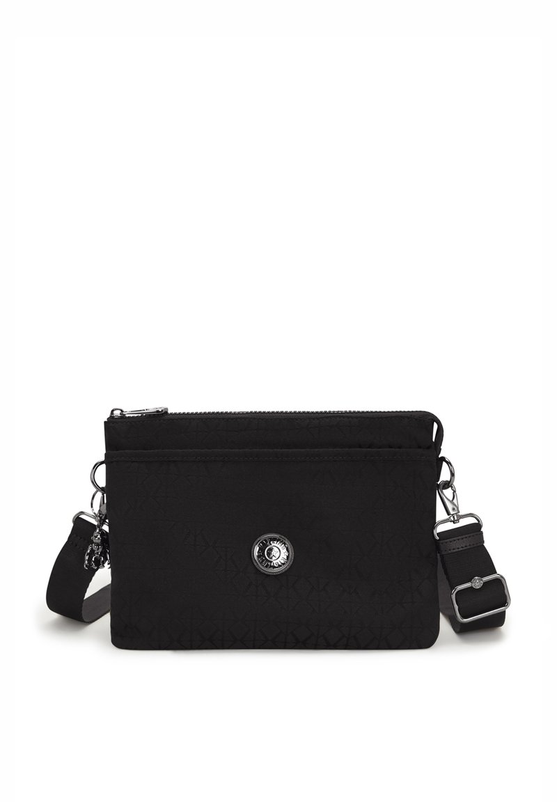 Borsa a tracolla nera in nylon con superficie testurizzata, chiusura con zip, accessori circolari in argento e cinturino regolabile.