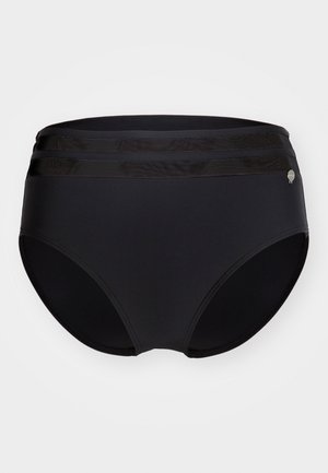 Čierne bikiny s vysokým pásom vyrobené z hladkého materiálu, s vrstvami elastických pásov v oblasti pása a malým logom ako akcentom.