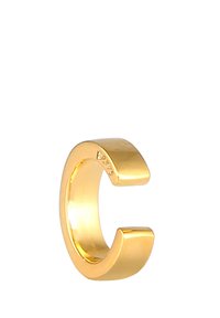 Goldring mit einem minimalistischen, offenen Design und einer glatten, polierten Oberfläche. Sichtbare Markierungen auf dem inneren Band zeigen die Metallreinheit an.