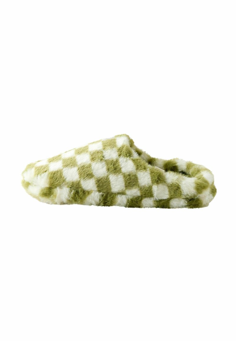 Green and white checkered fuzzy slipper with a soft, plush texture and rounded toe design, providing cozy indoor comfort.