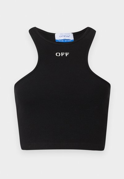 Zwart geribbelde crop top met mouwloos ontwerp. Bevat witte "OFF" tekst op de voorkant. Gemaakt van rekbare stof, met een ronde hals.
