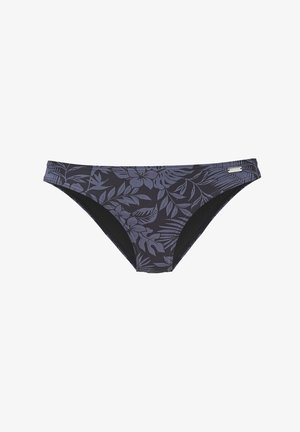 Tumedateemaline bikiinipüks, millel on tumesinine taust hallide ja mustade lehemustritega, mustad külgpaneelid ja sile tekstuur.