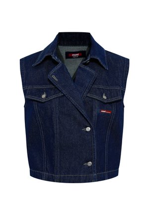 Dunkelblaue Jeans-Weste ohne Ärmel mit spitzem Kragen, doppelreihigen Knöpfen, Brusttaschen und Markenlabel auf der linken Seite.