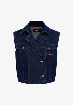 Dunkelblaue Jeans-Weste ohne Ärmel mit spitzem Kragen, doppelreihigen Knöpfen, Brusttaschen und Markenlabel auf der linken Seite.