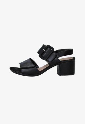 Black leather open-toe sandal with adjustable strap and buckle, slingback design, and block heel.
