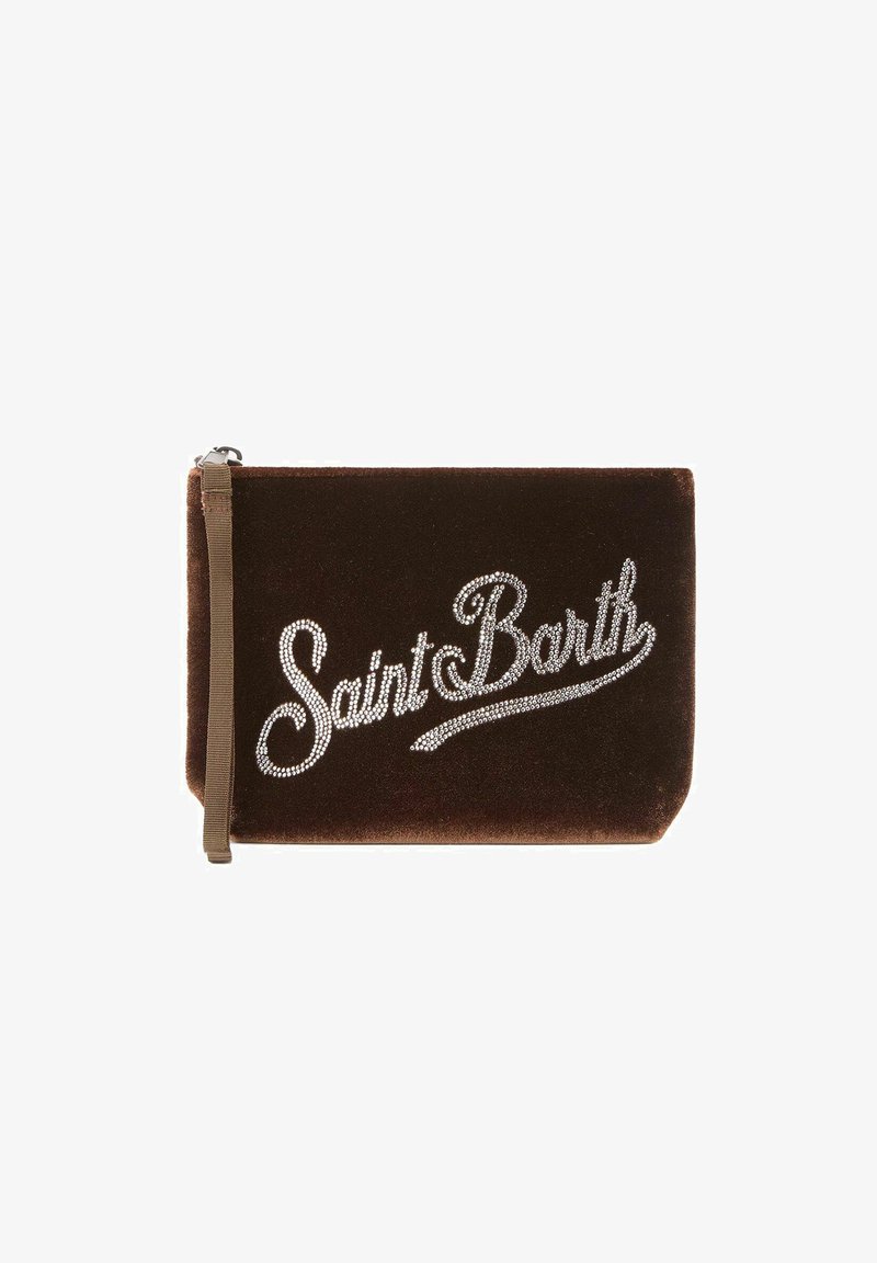 Pochette in velluto marrone con cerniera e tracolla, con "Saint Barth" scritto in strass sul fronte.