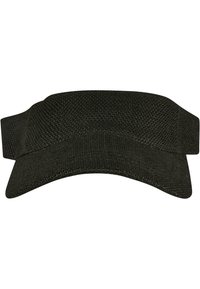 Casquette noire à visière fabriquée en tissu texturé, dotée d'un large bord courbé et d'une sangle ajustable. Le design est minimaliste sans logos visibles.