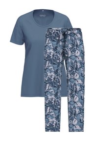 Blaues kurzärmeliges T-Shirt mit rundem Ausschnitt, kombiniert mit Blumenmuster-Hosen in Blau- und Weißtönen, mit elastischem Zugbandbund.