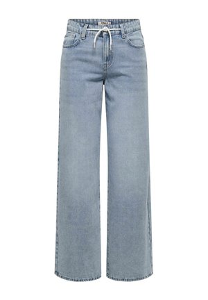 Lichtblauwe wijde denim jeans met steekzakken aan de voorkant, riemlussen en een witte trekkoord aan de elastische tailleband.