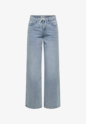 Lichtblauwe wijde denim jeans met steekzakken aan de voorkant, riemlussen en een witte trekkoord aan de elastische tailleband.