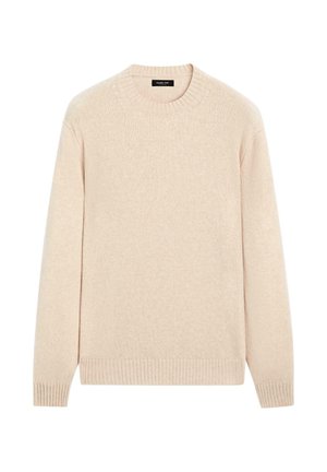 Lys beige sweater lavet af blødt strikstof, med rund halsudskæring og ribbede manchetter og kant. Simpelt design med en glat tekstur.