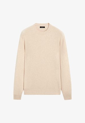 Lys beige sweater lavet af blødt strikstof, med rund halsudskæring og ribbede manchetter og kant. Simpelt design med en glat tekstur.