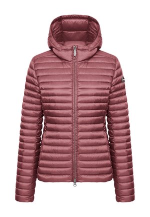 Mauve quilted puffer jacket with horizontal stitching, long sleeves, hood, and front zipper closure, featuring a small logo on the left sleeve.