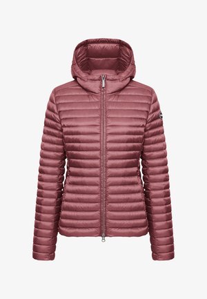 Mauve doorgestikte gewatteerde jas met horizontale stiksels, lange mouwen, capuchon en ritssluiting aan de voorkant, met een klein logo op de linker mouw.