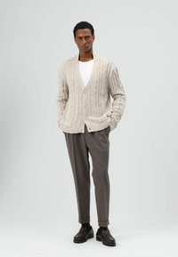 Lichtbeige kabelgebreid vest met een V-hals, twee steekzakken aan de voorkant en knopen, gecombineerd met grijze, op maat gemaakte broek en donkere schoenen.