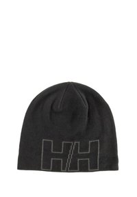 Zwarte gebreide beanie met een verhoogd "HH" logo aan de voorkant. Glad textuur met een ronde bovenkant en een minimalistisch ontwerp.