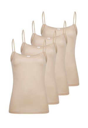 Cinq camisoles beiges sans manches avec fines bretelles disposées en chevauchement sur un fond blanc.