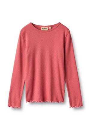 Langærmet ribbet pink skjorte med rund halsudskæring og flæsekant på ærmer og kant, lagt fladt på en hvid baggrund.