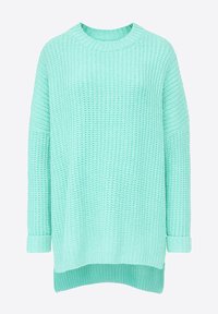 Miętowa dzianinowa sweter z okrągłym dekoltem, opuszczonymi ramionami i luźnym fasonem. Posiada ściągacze na mankietach i asymetryczny dół.