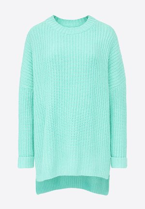 Mint green knit sweater with a round neckline, drop shoulders, and a relaxed fit. Features ribbed cuffs and a high-low hem design.