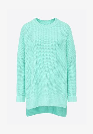 Maglione verde menta in maglia con scollo rotondo, spalle scese e vestibilità comoda. Presenta polsini a coste e un design con orlo asimmetrico più lungo dietro.