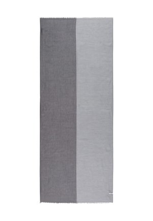Rechteckiger Schal mit zwei vertikalen Hälften, eine dunkelgrau und eine hellgrau, mit Fransen an oberen und unteren Rändern.