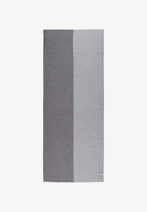 Rectangular scarf with two vertical halves, one dark gray and one light gray, with fringed edges on top and bottom.