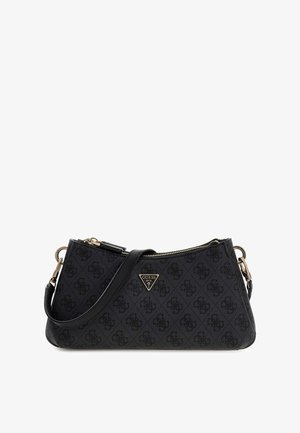 Borsa a tracolla nera, realizzata in materiale sintetico testurizzato. Presenta ferrature dorate, chiusura con cerniera e una targhetta con logo sulla parte anteriore.