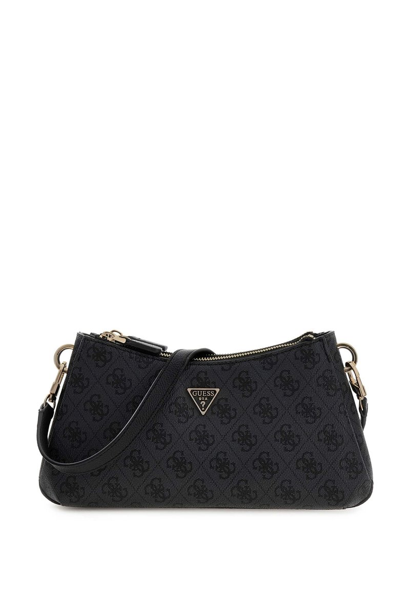 Borsa a tracolla nera, realizzata in materiale sintetico testurizzato. Presenta ferrature dorate, chiusura con cerniera e una targhetta con logo sulla parte anteriore.