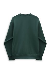 Sweat-shirt vert foncé avec manches longues, col rond et tissu lisse et texturé. Coupe standard avec un dos propre et sans ornements.