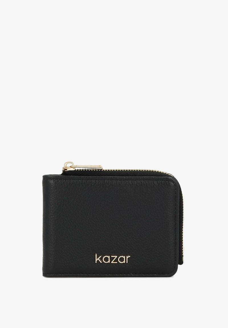 Black leather wallet with a textured finish, gold zipper, and embossed "kazar" branding on the front. Compact rectangular shape.