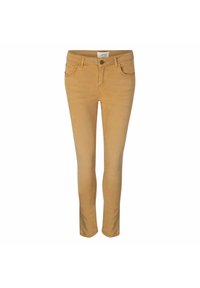 Slim-fit, mustard yellow jeans made of stretch denim, featuring two front pockets, a single rear pocket, and a button closure.