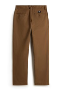 Braune Baumwollhose mit geradem Bein, ausgestattet mit zwei Gesäßtaschen, sichtbaren Nähten und einem Markenlabel am Bund.