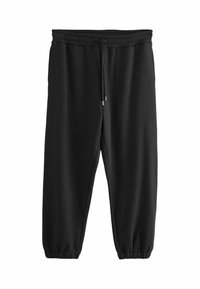 Zwarte sweatpants van zachte stof, met een elastische tailleband met koord en elastische boorden bij de enkels. Eenvoudig ontwerp.