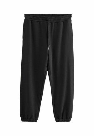 Pantaloni de training negri, confecționați dintr-un material moale, având un brâu elastic cu șnur și manșete elastice la glezne. Design simplu.