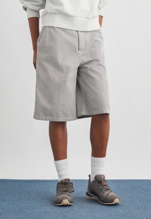 Osoba ubrana w szaro-białe paskowane pionowo spodenki do kolan, białe skarpetki i szare buty do wędrówek stojąca na niebieskim dywanie.