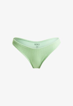 Light green bikini bottom with a ribbed texture, low-rise design, and minimal coverage. Label shows brand name "Roxy" and size details.