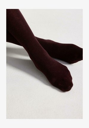 Bordeaux strømpebukser, glat stof, tætsiddende design, uigennemsigtig tekstur, sømløs tå, letvægts, hvilende på en lys farvet overflade.