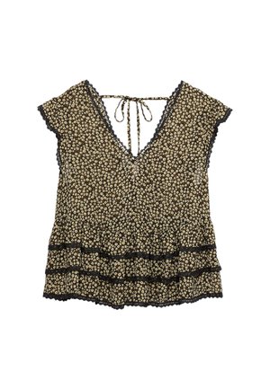 Zwarte bloemenblouse met korte mouwen, V-hals, kantafwerking, strik aan de achterkant en laagjes ruches aan de zoom.