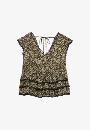 Zwarte bloemenblouse met korte mouwen, V-hals, kantafwerking, strik aan de achterkant en laagjes ruches aan de zoom.