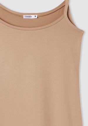 Top con spalline sottili di colore beige, realizzato in tessuto liscio. Presenta un collo rotondo e una vestibilità comoda, etichetta con il nome "Terranova," taglia S.