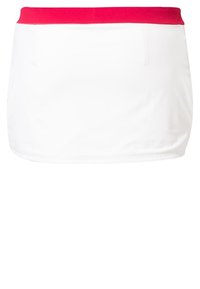 Falda blanca con una vibrante cinturilla elástica roja. Presenta una textura suave y un diseño sencillo, adecuada para un uso casual.