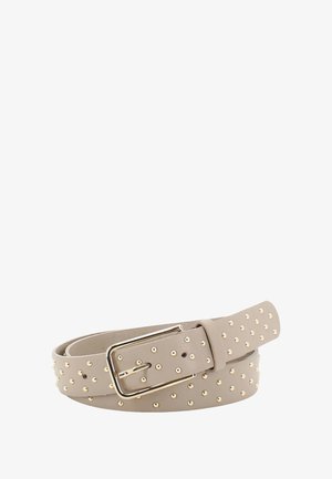 Light beige leather belt with gold studs evenly spaced and gold rectangular buckle, rolled up against a white background.