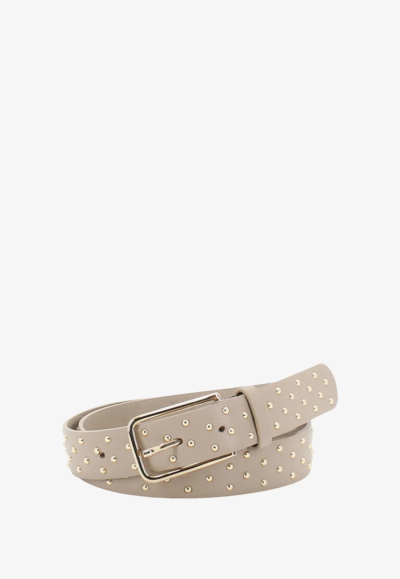 Light beige leather belt with gold studs evenly spaced and gold rectangular buckle, rolled up against a white background.