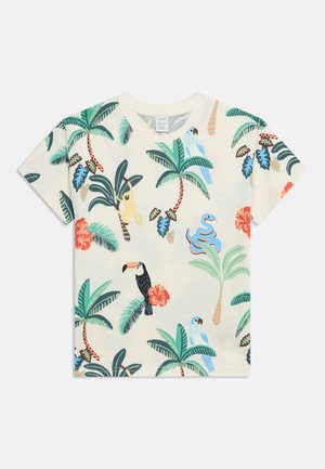 Kurzärmeliges cremefarbenes Hemd mit buntem tropischem Druck von Palmen, Tukan, Schlange, blauen Papageien, Hibiskusblüten und einem hängenden Affen.